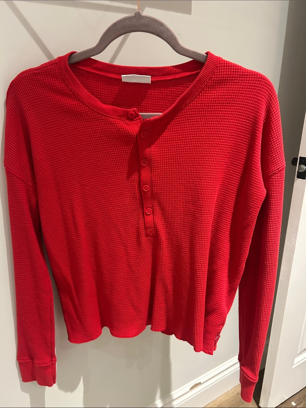 TNA Waffle Knit Henley Long-Sleeve Top - Red